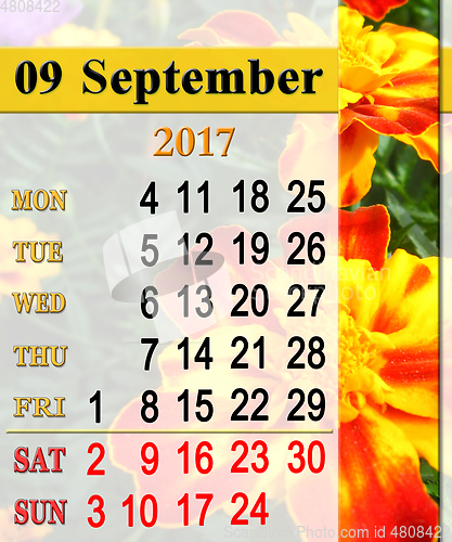Image of calendar for September 2017 with tagetes