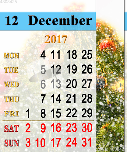 Image of calendar for December 2017 with New-Year tree