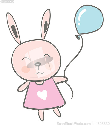 Image of A cute baby cartoon hare dressed in pink and holds a blue balloo