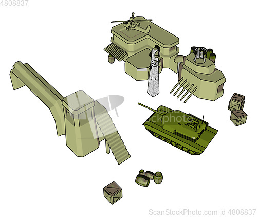 Image of 3D vector illustration on white background  of a military base
