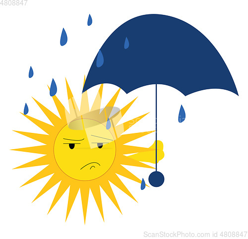 Image of A sad sun holding a blue umbrella with its one hand on a rainy d