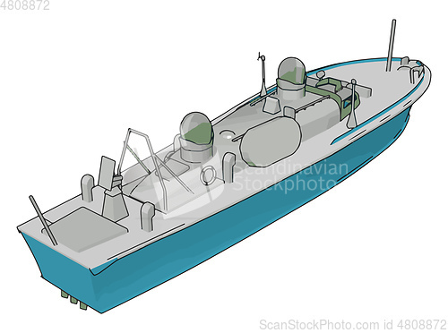 Image of Simple vector illustration of a blue and grey navy ship white ba