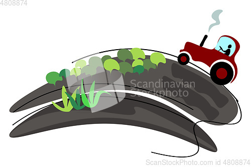 Image of Painting of a red-colored tractor traveling along the sloping ro