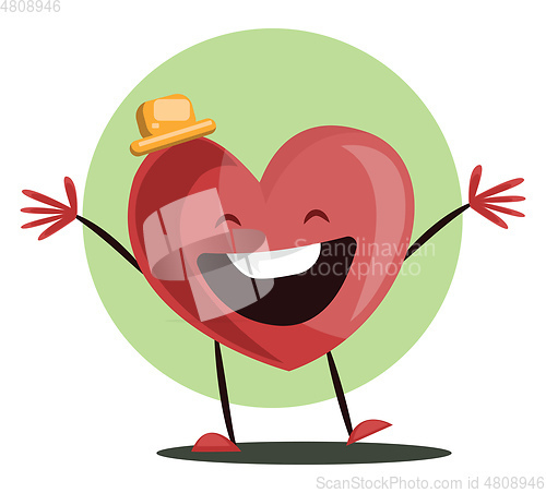 Image of Big red heart witha yellow hat laughing with arms wide open vect