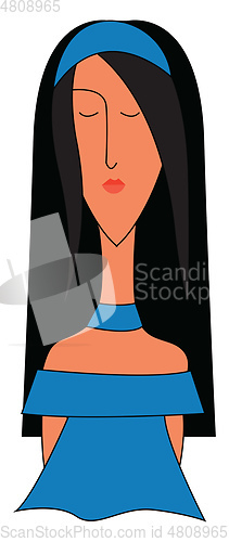 Image of Girl in blue dress with dark hair and blue headband vector illus
