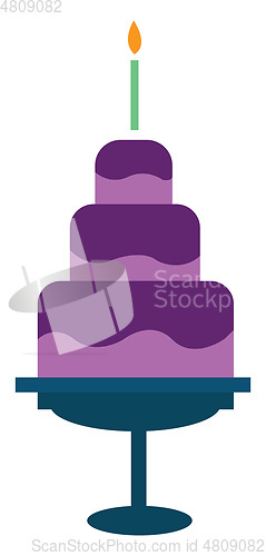 Image of Three-layered birthday cake mounted on a stand with purple fonda