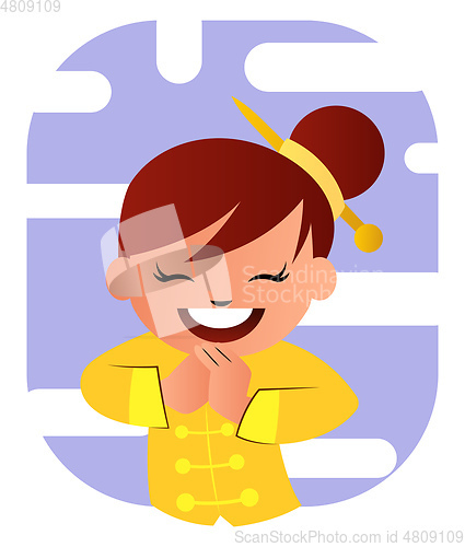 Image of Cute cartoon chinese girl in yellow suit vector illustration on 