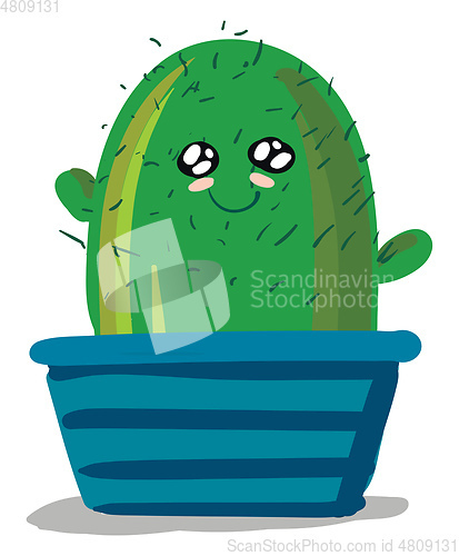 Image of A happy cactus plant emoji with two arms in a blue pot vector co