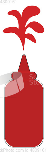 Image of Cartoon ketchup bottle splashes red sauce over white background 