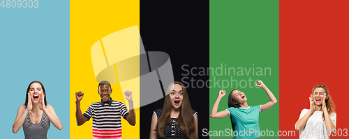 Image of Portrait of group of young people isolated on multicolored studio background, flyer, collage