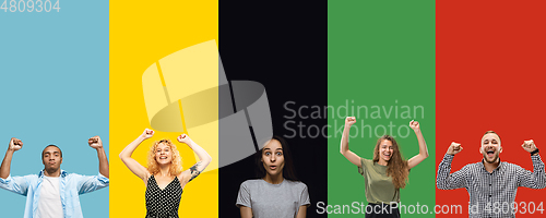 Image of Portrait of group of young people isolated on multicolored studio background, flyer, collage