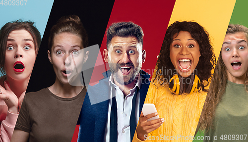 Image of Portrait of group of young people isolated on multicolored studio background, flyer, collage