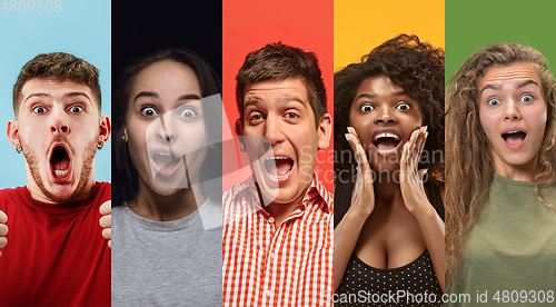 Image of Portrait of group of young people isolated on multicolored studio background, flyer, collage