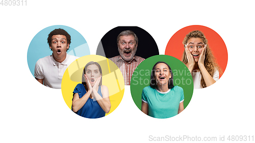 Image of Portrait of group of young people isolated on multicolored studio background, flyer, collage