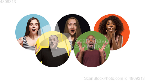 Image of Portrait of group of young people isolated on multicolored studio background, flyer, collage