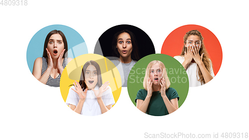Image of Portrait of group of young people isolated on multicolored studio background, flyer, collage