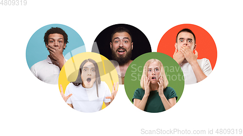 Image of Portrait of group of young people isolated on multicolored studio background, flyer, collage