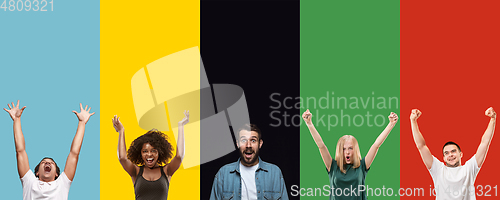 Image of Portrait of group of young people isolated on multicolored studio background, flyer, collage