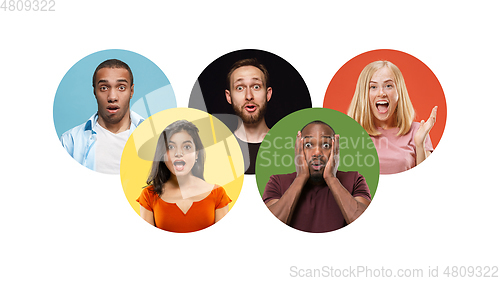 Image of Portrait of group of young people isolated on multicolored studio background, flyer, collage
