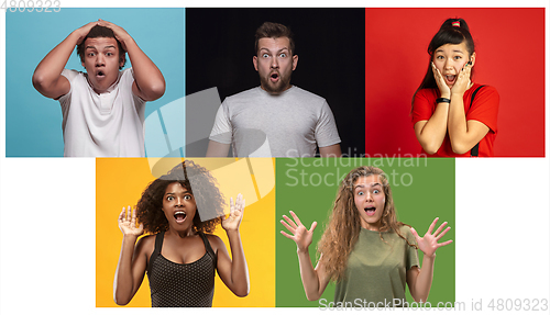 Image of Portrait of group of young people isolated on multicolored studio background, flyer, collage