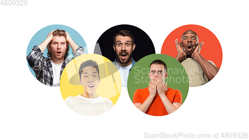 Image of Portrait of group of young people isolated on multicolored studio background, flyer, collage