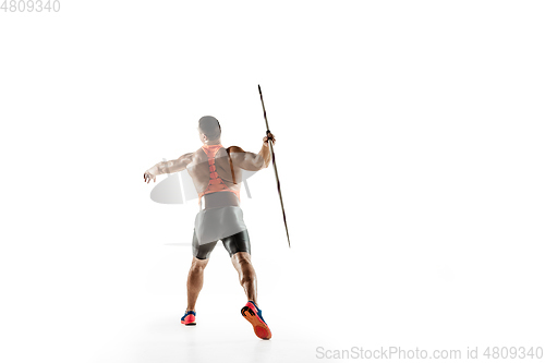 Image of Male athlete practicing in throwing javelin isolated on white studio background