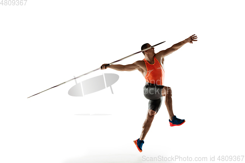 Image of Male athlete practicing in throwing javelin isolated on white studio background