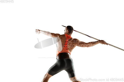 Image of Male athlete practicing in throwing javelin isolated on white studio background