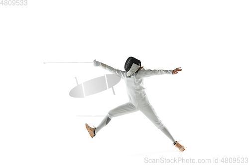 Image of Teen girl in fencing costume with sword in hand isolated on white background