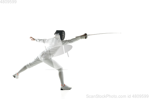 Image of Teen girls in fencing costumes with swords in hands isolated on white background