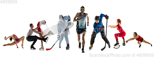 Image of Collage of different professional sportsmen, fit people in action and motion isolated on white background. Flyer.