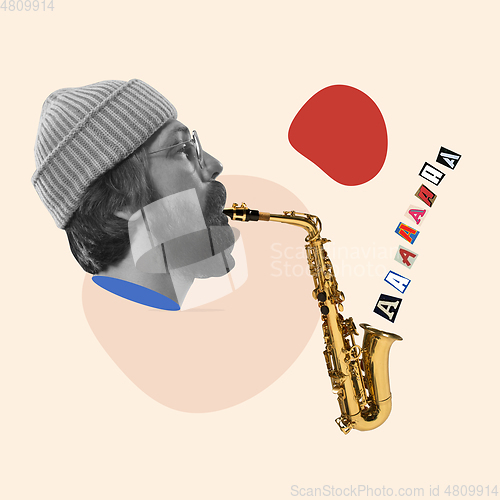 Image of Contemporary art collage, modern design. Retro style. Stylish hipster, man playing saxophone with magazine letters on yellow background