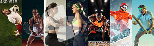 Image of Collage of different professional sportsmen, fit people in action and motion isolated on multicolored background. Flyer.