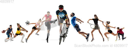 Image of Collage of different professional sportsmen, fit people in action and motion isolated on white background. Flyer.