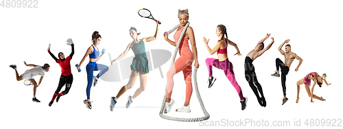 Image of Collage of different 8 professional sportsmen, fit people in action and motion isolated on white background. Flyer.
