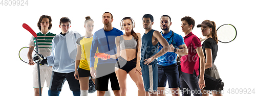 Image of Collage of different professional sportsmen, fit people in action and motion isolated on white background. Flyer.