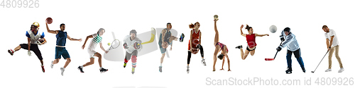 Image of Collage of different professional sportsmen, fit people in action and motion isolated on white background. Flyer.