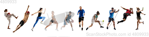 Image of Collage of different professional sportsmen, fit people in action and motion isolated on white background. Flyer.