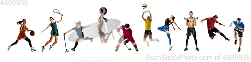 Image of Collage of different professional sportsmen, fit people in action and motion isolated on white background. Flyer.