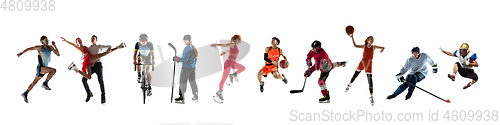 Image of Collage of 9 different professional sportsmen, fit people in action and motion isolated on white background. Flyer.