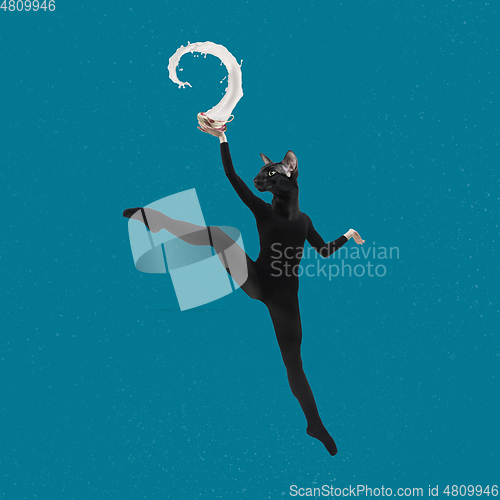 Image of Contemporary art collage, modern design. Retro style. Stylish flexible cat in black suit jumping high with cup, splashing of milk