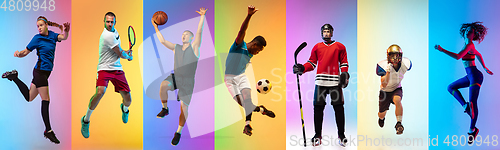 Image of Collage of different professional sportsmen, fit people in action and motion isolated on multicolored neon background. Flyer.