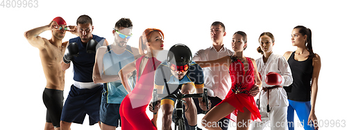 Image of Collage of different 8 professional sportsmen, fit people in action and motion isolated on white background. Flyer.