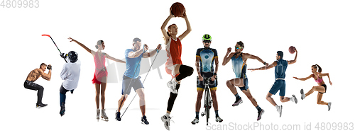 Image of Collage of different 8 professional sportsmen, fit people in action and motion isolated on white background. Flyer.