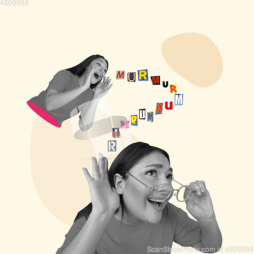 Image of Contemporary art collage, modern design. Retro style. Young woman shouting with letters in magazine style to her own self