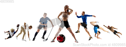 Image of Collage of different 6 professional sportsmen, fit people in action and motion isolated on white background. Flyer.