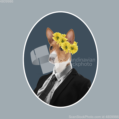 Image of Contemporary art collage, modern design. Retro style. Medival styled portrait of dog in office suit with flowers on head on gray background