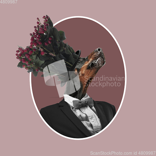 Image of Contemporary art collage, modern design. Retro style. Medival styled portrait of dog in office suit with flowers on head on brown background