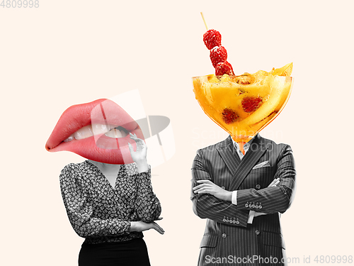 Image of Contemporary art collage, modern design. Retro style. Couple headed with tasty cocktail with berries and big female mouth on pastel background