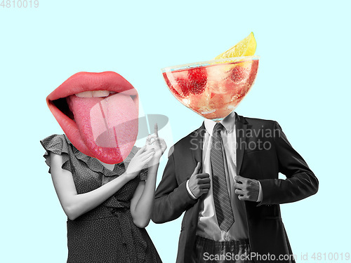 Image of Contemporary art collage, modern design. Retro style. Couple headed with tasty cocktail with berries and big female mouth on pastel background